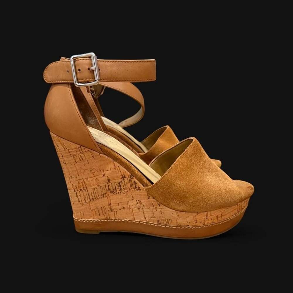 Marc Fisher Wedge Sandals Size 7 Tan Suede Cork Platform Ankle Strap